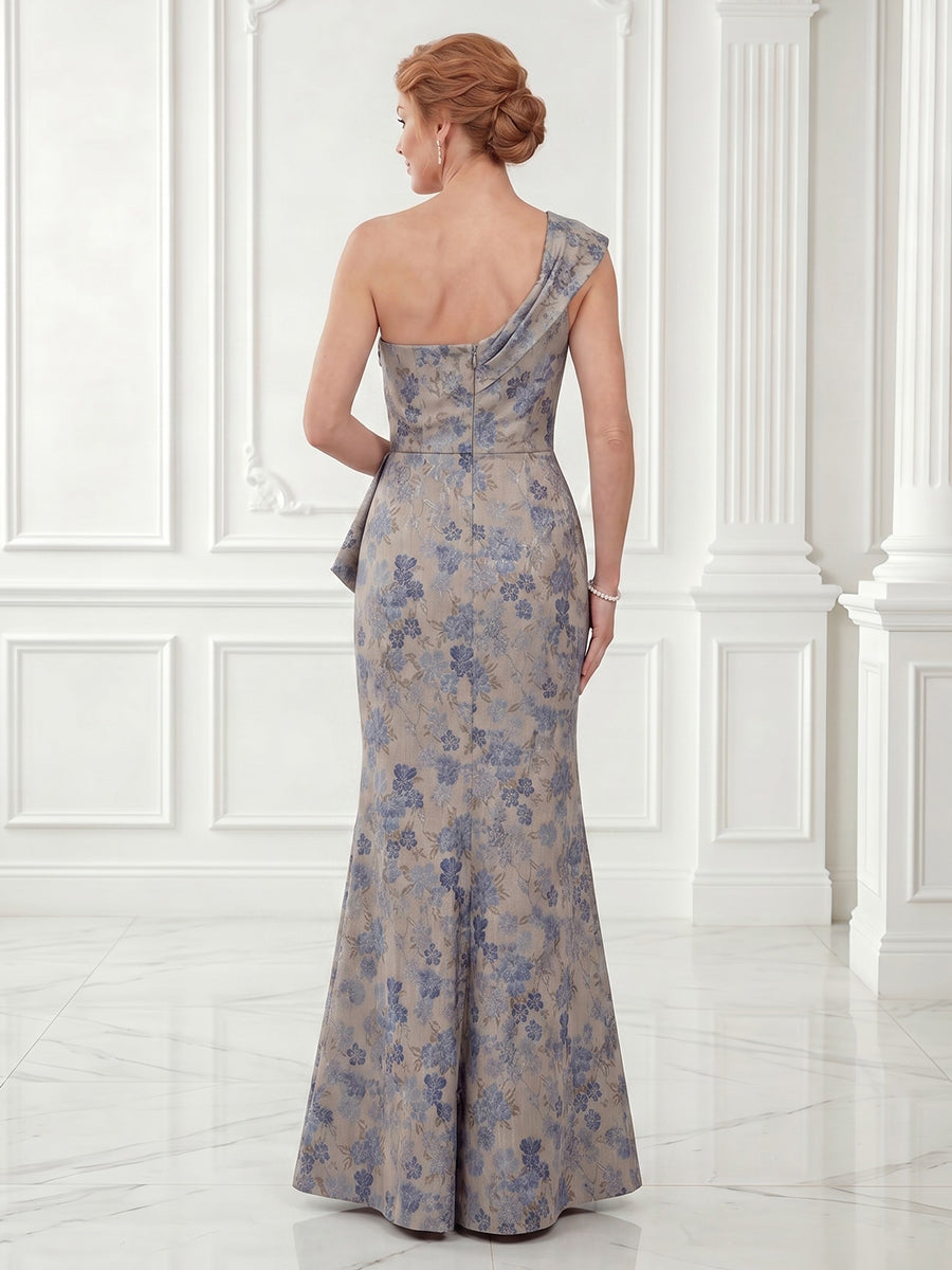 Jacquard Satin One Shoulder A Line Sleeveless Evening Dresses with Slit