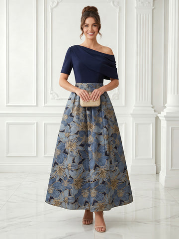 Jacquard Satin One Shoulder A Line Short Sleeves Tea Length Evening Dresses