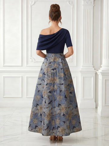 Jacquard Satin One Shoulder A Line Short Sleeves Tea Length Evening Dresses
