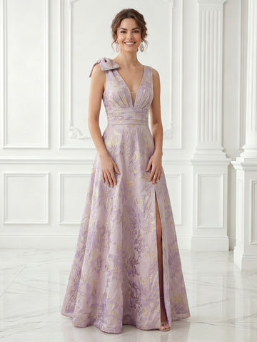 Jacquard Satin Double V Neck A Line Sleeveless Evening Dresses with Slit
