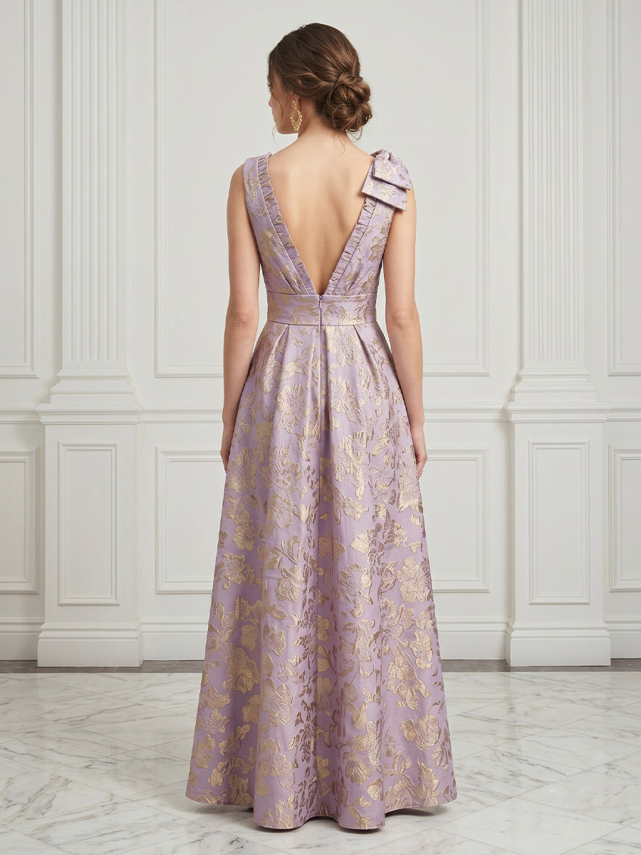 Jacquard Satin Double V Neck A Line Sleeveless Evening Dresses with Slit