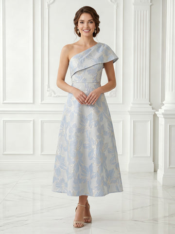Jacquard Satin One Shoulder A Line Tea Length Evening Dresses