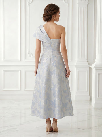 Jacquard Satin One Shoulder A Line Tea Length Evening Dresses