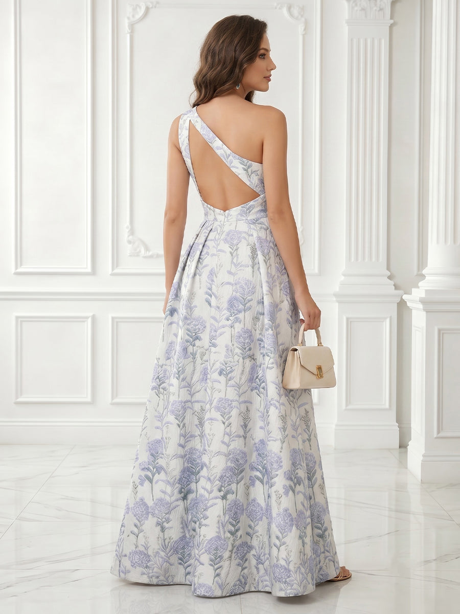 Jacquard A Line Sleeveless Satin One Shoulder Evening Dresses with Slit