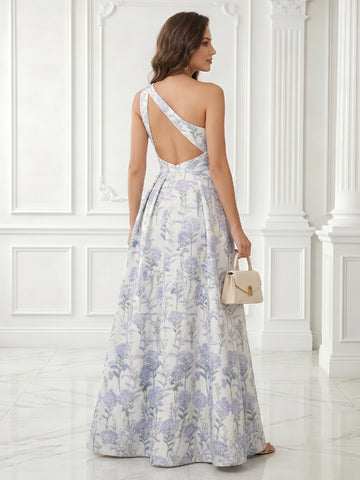 Jacquard A Line Sleeveless Satin One Shoulder Evening Dresses with Slit