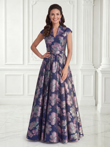 Jacquard Satin V Neck Short Sleeves A Line Evening Dresses