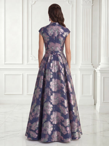 Jacquard Satin V Neck Short Sleeves A Line Evening Dresses