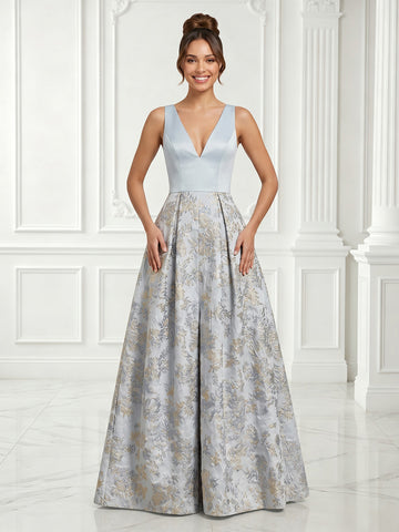 Jacquard Satin A Line Sleeveless V Neck Evening Dresses