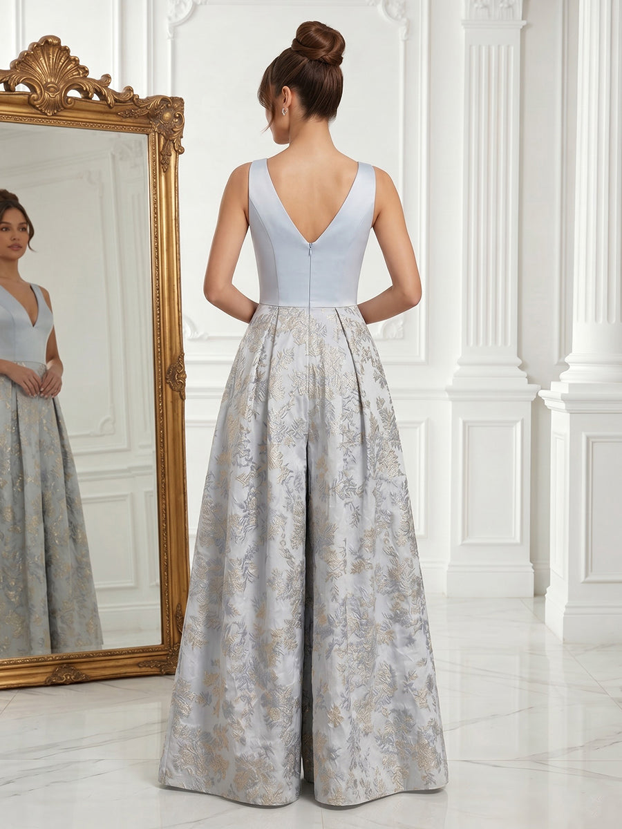 Jacquard Satin A Line Sleeveless V Neck Evening Dresses