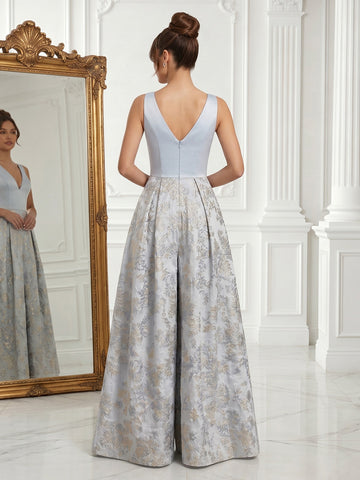 Jacquard Satin A Line Sleeveless V Neck Evening Dresses