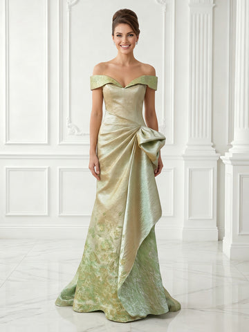 Jacquard Satin Off Shoulder A Line Sleeveless Floor Length Evening Dresses