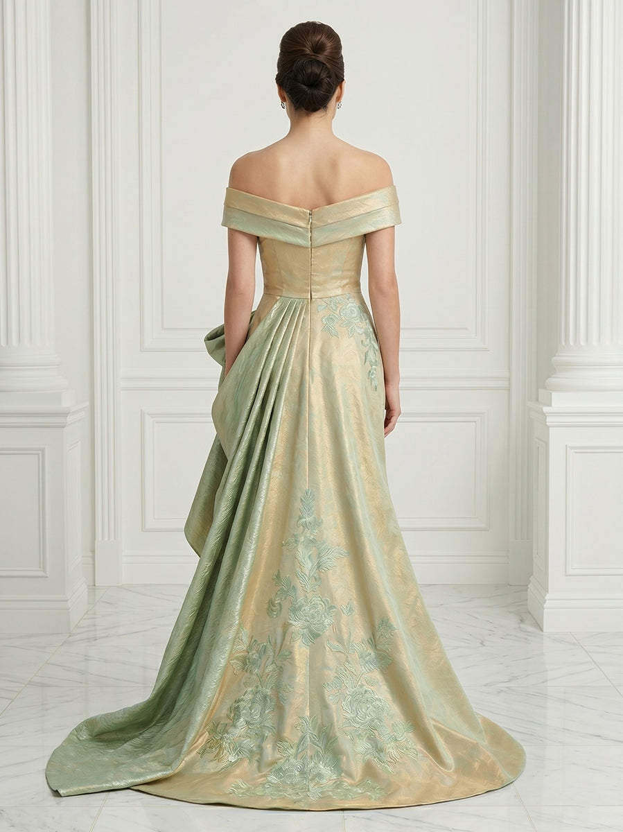Jacquard Satin Off Shoulder A Line Sleeveless Floor Length Evening Dresses