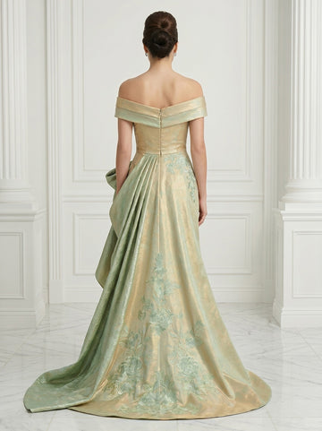 Jacquard Satin Off Shoulder A Line Sleeveless Floor Length Evening Dresses
