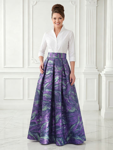 Jacquard Satin 3/4 Sleeves A Line Floor Length Evening Dresses