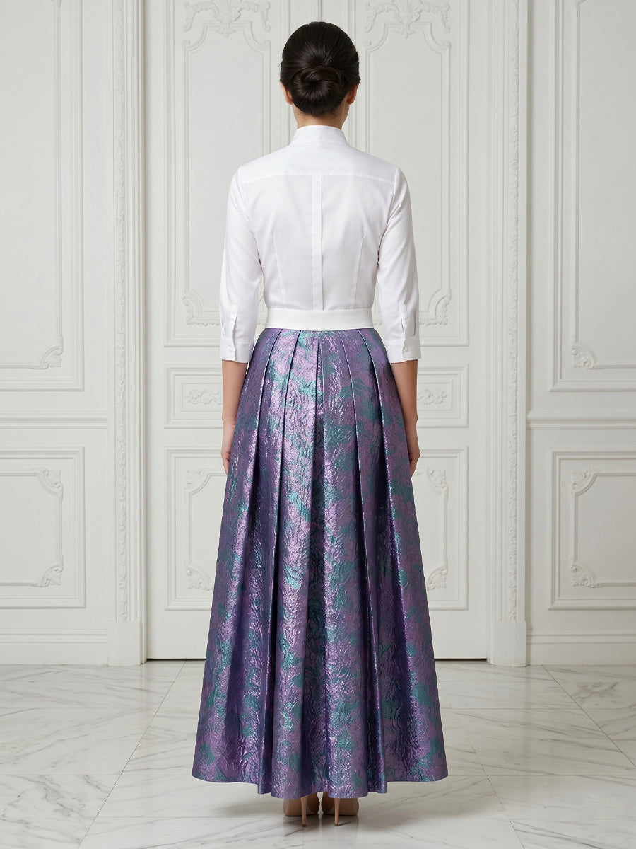 Jacquard Satin 3/4 Sleeves A Line Floor Length Evening Dresses