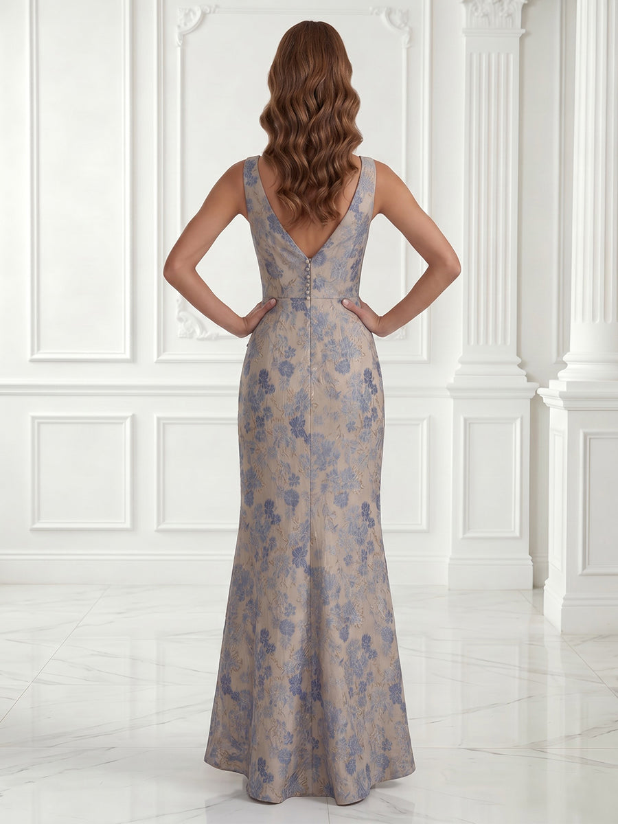 Jacquard Satin Spaghetti Straps V Neck Ruffles Long Evening Dresses