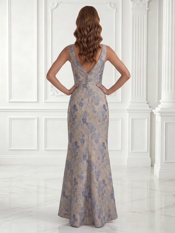 Jacquard Satin Spaghetti Straps V Neck Ruffles Long Evening Dresses