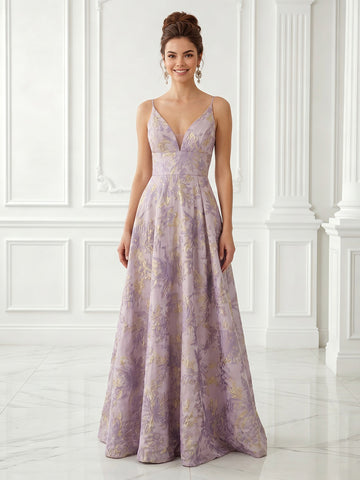 Jacquard A Line Sleeveless Satin Spaghetti Straps Evening Dresses