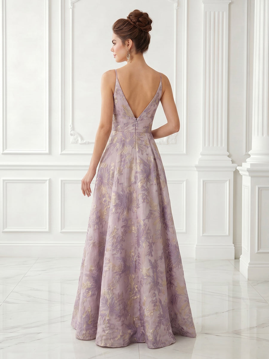 Jacquard A Line Sleeveless Satin Spaghetti Straps Evening Dresses