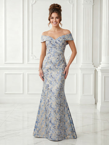Jacquard Satin Off Shoulder A Line Sleeveless V Neck Evening Dresses