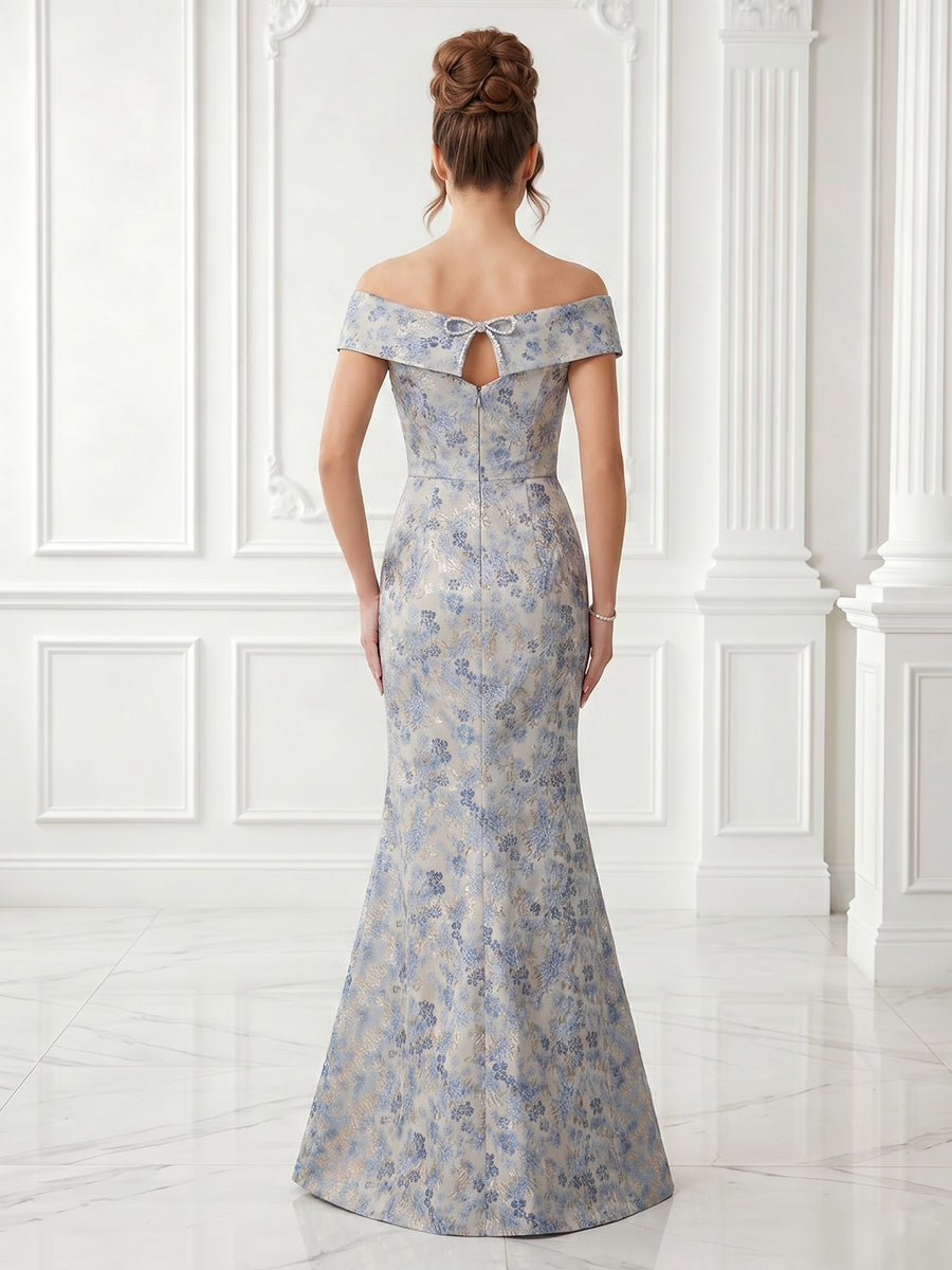 Jacquard Satin Off Shoulder A Line Sleeveless V Neck Evening Dresses