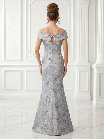 Jacquard Satin Off Shoulder A Line Sleeveless V Neck Evening Dresses
