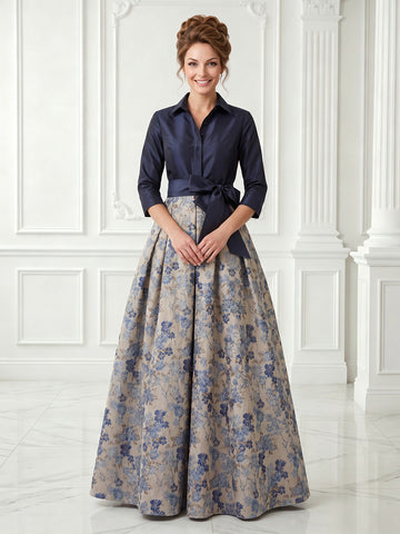 Jacquard Satin V Neck Long Sleeves A Line Floor Length Evening Dresses