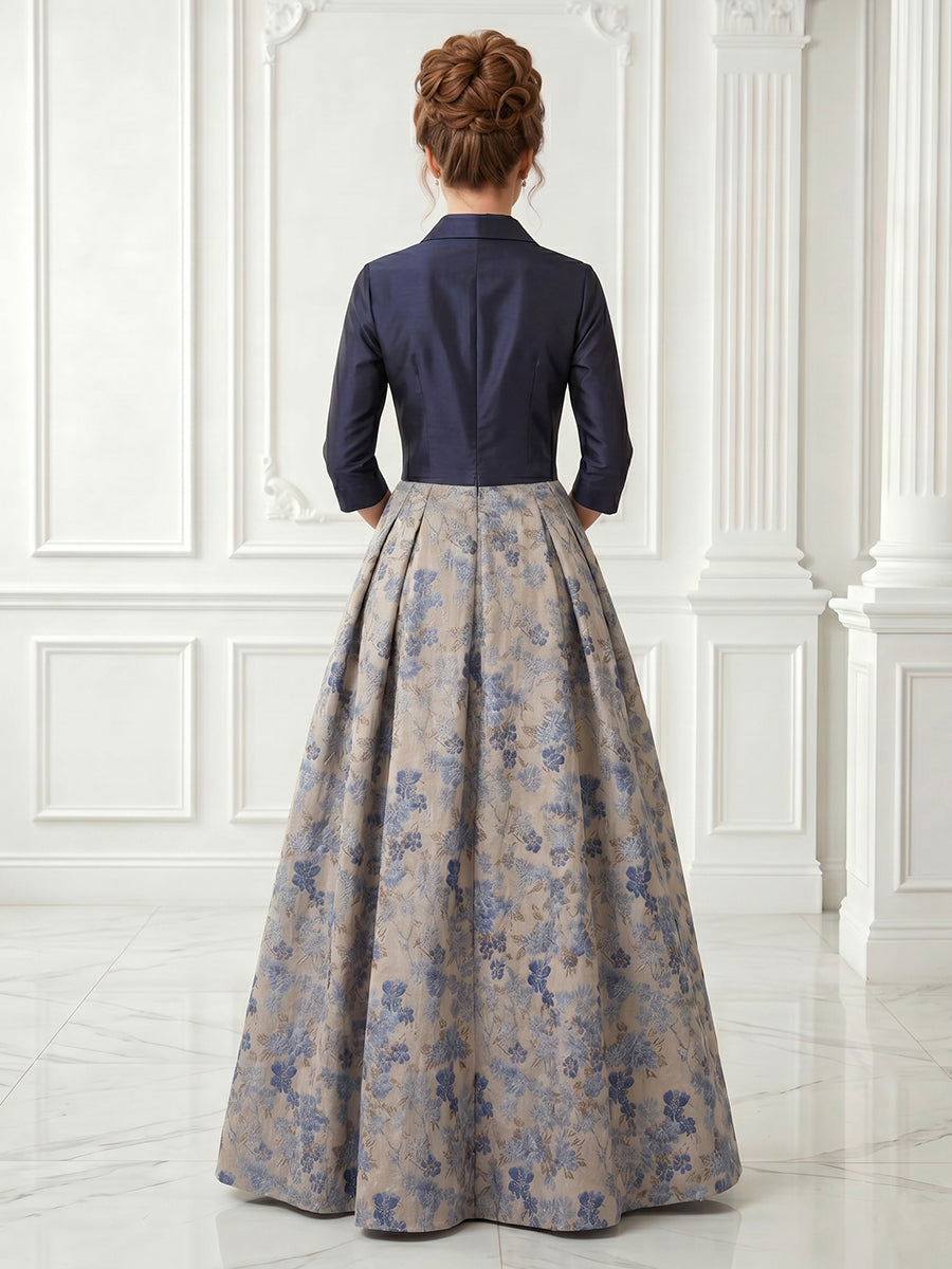 Jacquard Satin V Neck Long Sleeves A Line Floor Length Evening Dresses
