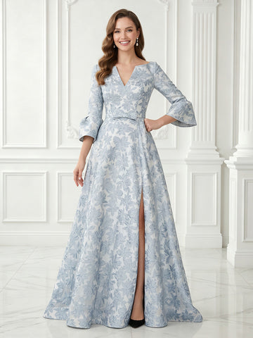 A Line V Neck Satin 3/4 Sleeves Jacquard Evening Dresses with Slit