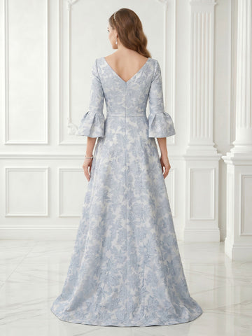A Line V Neck Satin 3/4 Sleeves Jacquard Evening Dresses with Slit