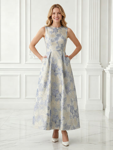 Satin A Line Jewel Jacquard Sleeveless Long Evening Dresses