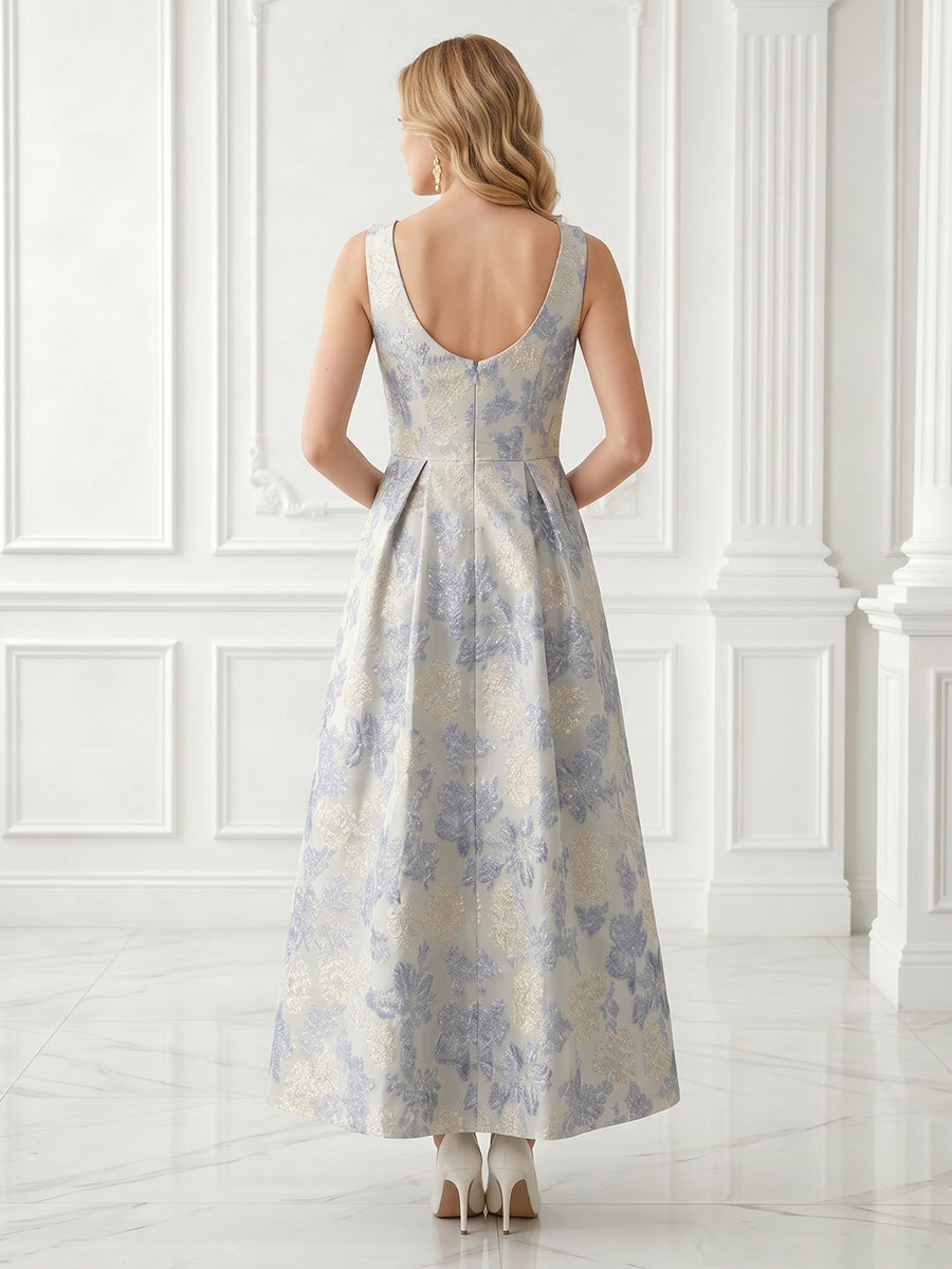 Satin A Line Jewel Jacquard Sleeveless Long Evening Dresses