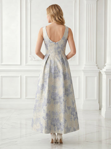 Satin A Line Jewel Jacquard Sleeveless Long Evening Dresses