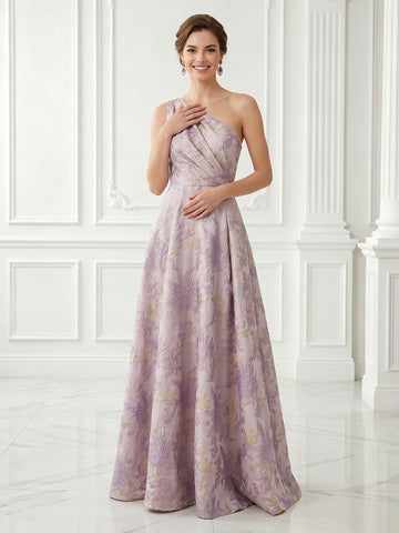 A Line One Shoulder Satin Sleeveless Jacquard Evening Dresses