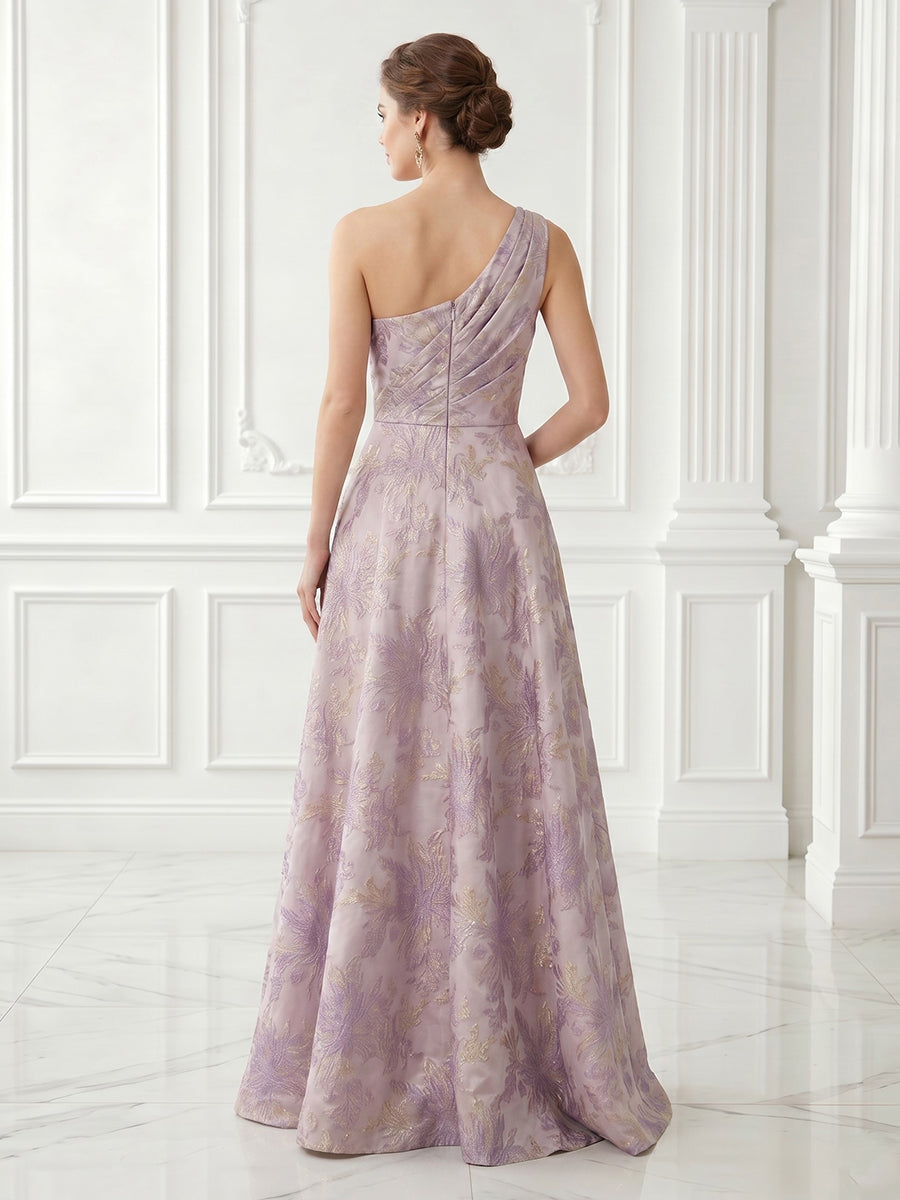 A Line One Shoulder Satin Sleeveless Jacquard Evening Dresses
