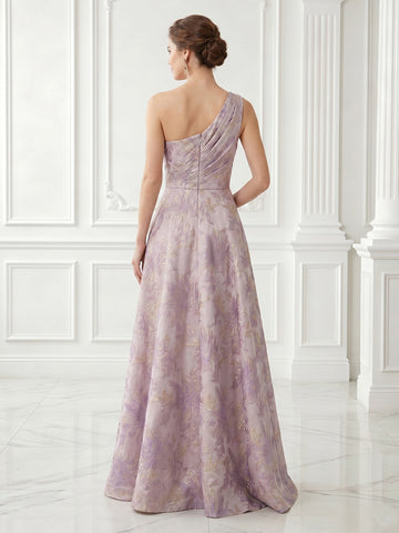 A Line One Shoulder Satin Sleeveless Jacquard Evening Dresses