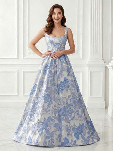 A Line Satin Spaghetti Straps Sleeveless Jacquard Corset Evening Dresses