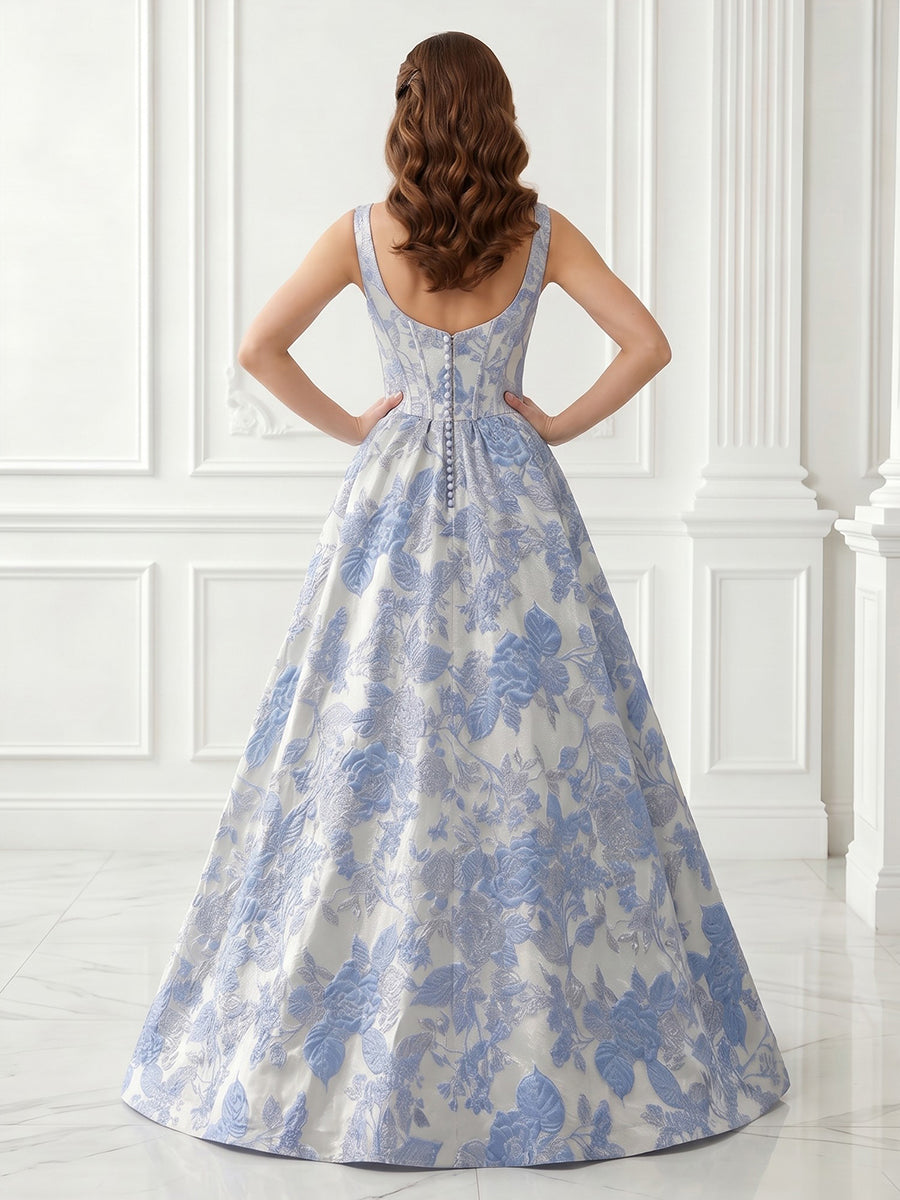 A Line Satin Spaghetti Straps Sleeveless Jacquard Corset Evening Dresses