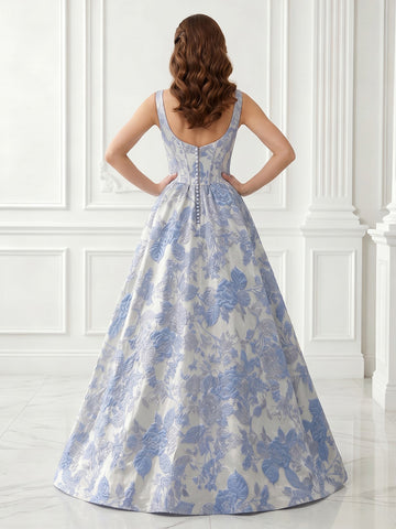 A Line Satin Spaghetti Straps Sleeveless Jacquard Corset Evening Dresses
