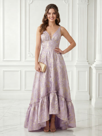 V Neck Satin A Line Sleeveless Jacquard Evening Dresses