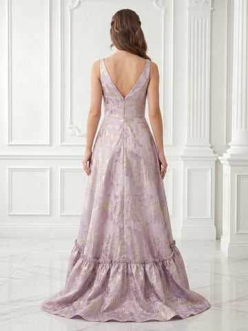 V Neck Satin A Line Sleeveless Jacquard Evening Dresses