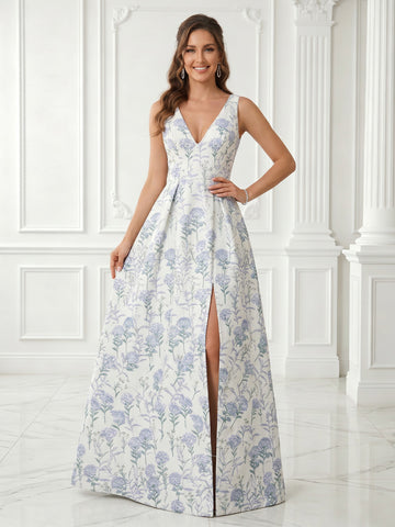 A Line V Neck Satin Jacquard Sleeveless Evening Dresses with Slit