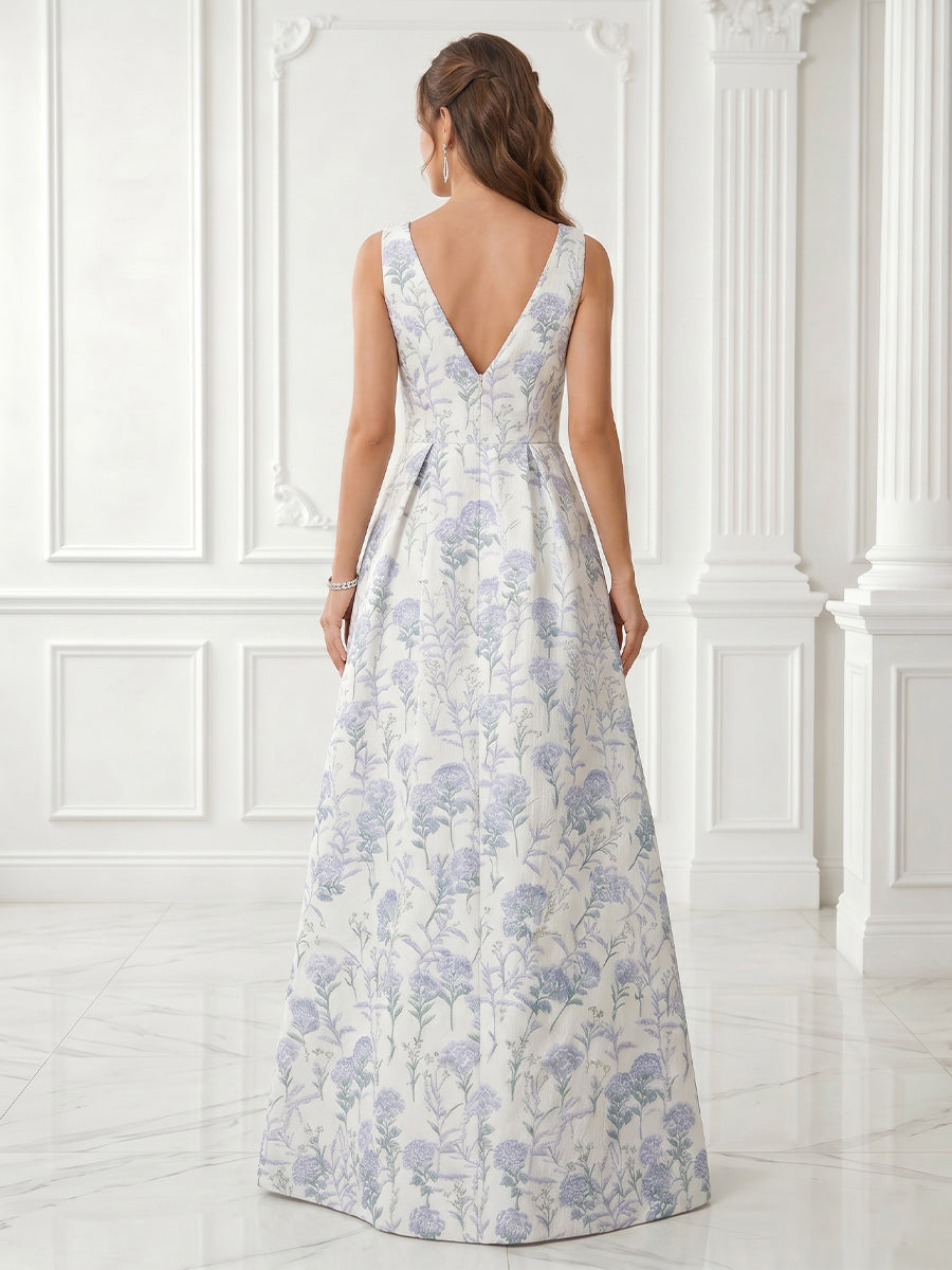 A Line V Neck Satin Jacquard Sleeveless Evening Dresses with Slit