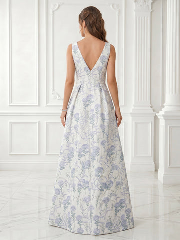 A Line V Neck Satin Jacquard Sleeveless Evening Dresses with Slit