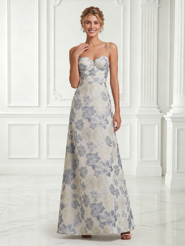 Satin A Line Spaghetti Straps Jacquard Sleeveless Long Evening Dresses