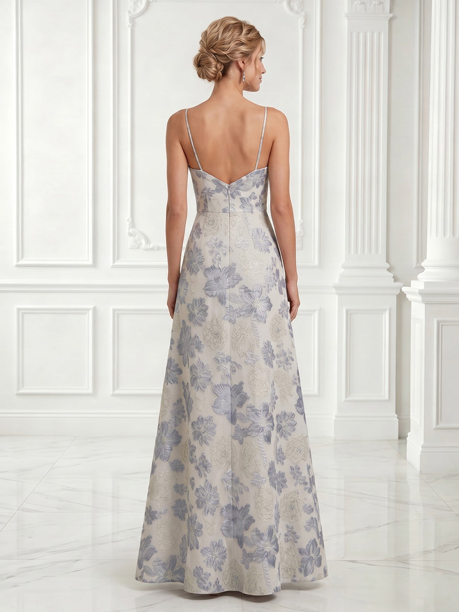 Satin A Line Spaghetti Straps Jacquard Sleeveless Long Evening Dresses
