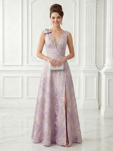 A Line V Neck Satin Sleeveless Jacquard Evening Dresses with Slit