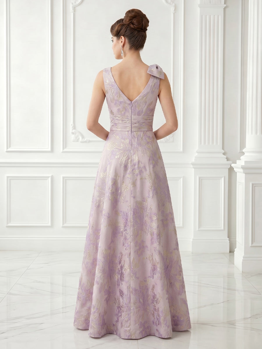 A Line V Neck Satin Sleeveless Jacquard Evening Dresses with Slit