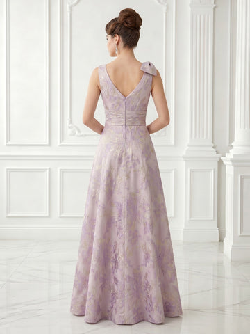 A Line V Neck Satin Sleeveless Jacquard Evening Dresses with Slit