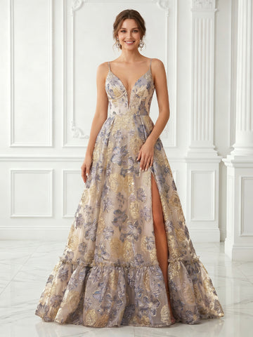 A Line Sweetheart Satin Jacquard Sleeveless Evening Dresses with Slit